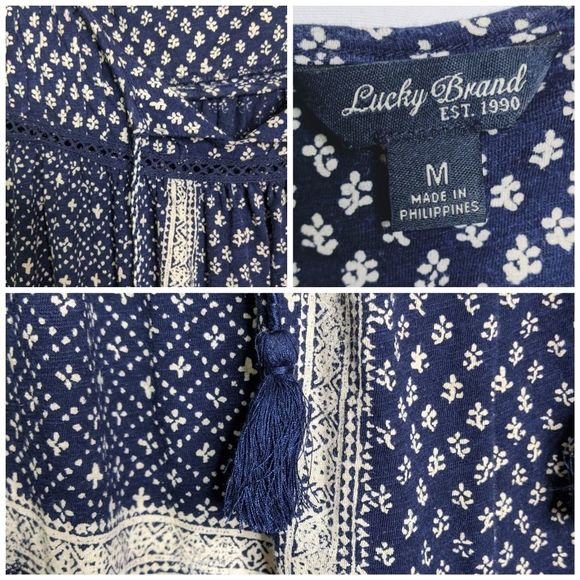 Lucky Brand Blue Boho Peasant Tassle Blouse Sz M - Picture 5 of 5